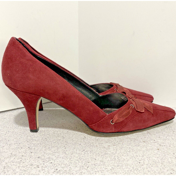 Franco Sarto Impala burgundy suede leather pumps high heels bow details US 8.5M - Picture 2 of 11
